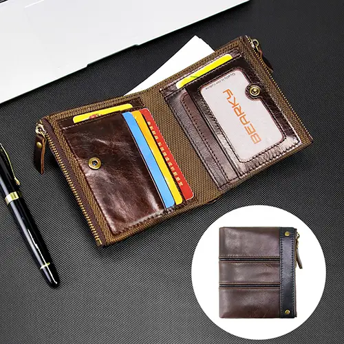 Dual-Zipper RFID-Blocking Leather Wallet with Snap Closure